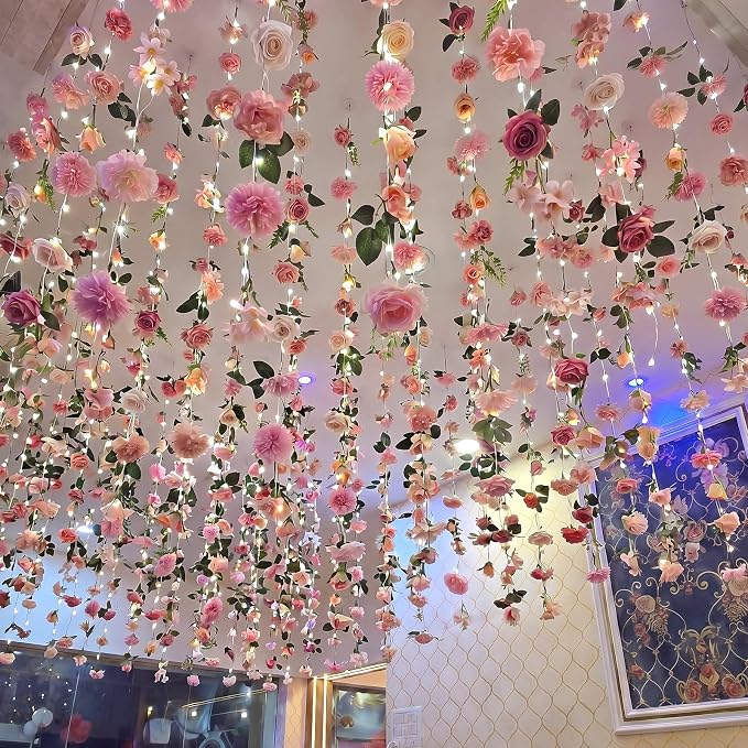 Suncalla 6 Pack 35.4ft Fake Flower Garland Backdrop with LED Lights Hanging Wildflower Floral Vine Decorations for Wedding Bridal Shower Birthday Baby Shower Party Backdrop(Bright,Pink)