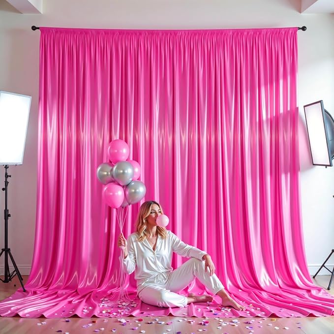 40x10ft Hot Pink Glitter Backdrop Curtain for Parties, Wrinkle Free Satin Photo Backdrop Drapes 8 Panels 5x10FT Shimmer Back Drop Cloth for Wedding Birthday Baby Shower Photography Background Decor