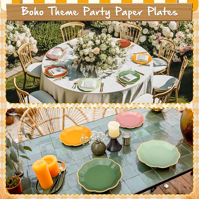 72 Pcs Boho Color Paper Plates 9 Inch Colorful Rainbow Scalloped Paper Disposable Dinner Dessert Plates for Birthday Wedding Bridal Party Supplies, 6 Colors