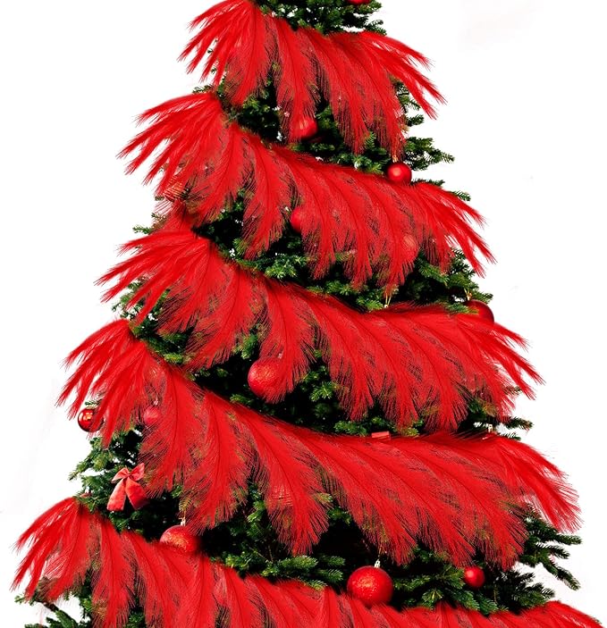 2025 2 Pcs 6 ft Christmas Tree Garland Decoration Pampas Grass Garland Faux Artificial Fabric Feathers Boho for Mantle Xmas Tree Home Farmhouse Christmas Holiday Party Supplies(Red)