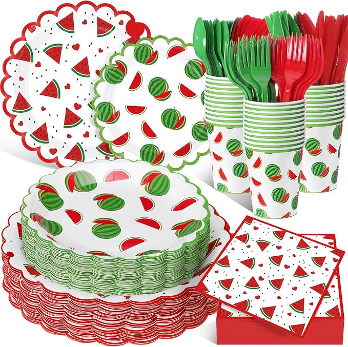 Funnymoom 400 Pcs Watermelon Birthday Party Supplies for 50 Guest Cute Summer Fruit Disposable Plates Napkin Cup Spoon Fork Knives for Outdoor Picnic Birthday Baby Bridal Shower Party Supplies