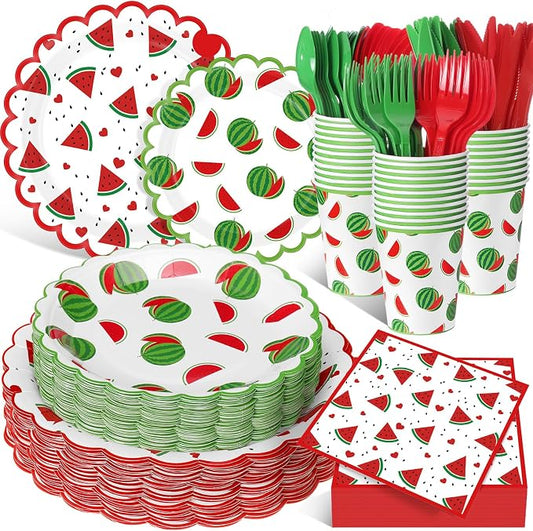 Funnymoom 400 Pcs Watermelon Birthday Party Supplies for 50 Guest Cute Summer Fruit Disposable Plates Napkin Cup Spoon Fork Knives for Outdoor Picnic Birthday Baby Bridal Shower Party Supplies