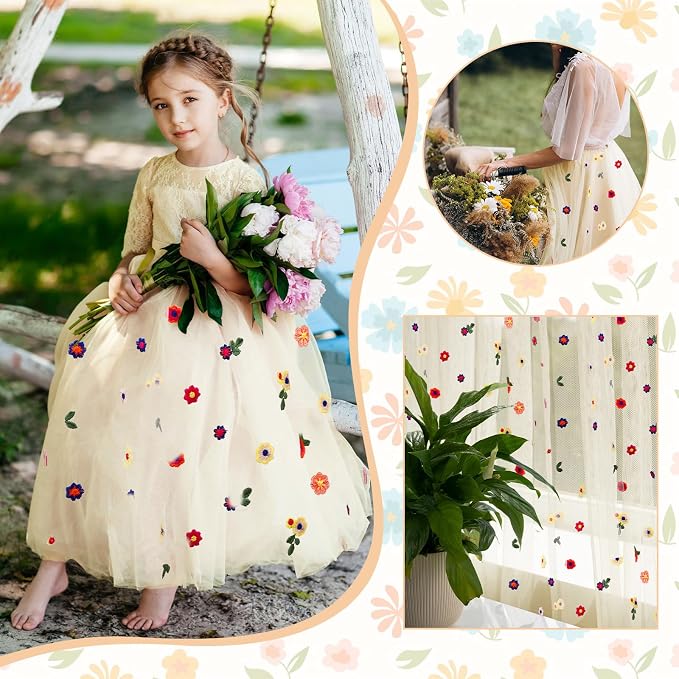 BINBE 1pcs Champagne Daisy Spring Table Runner Embroidery Gauze 10FT Florals Seasonal Tulle Holiday Birthday Kitchen Dining Table Decor for Home Party