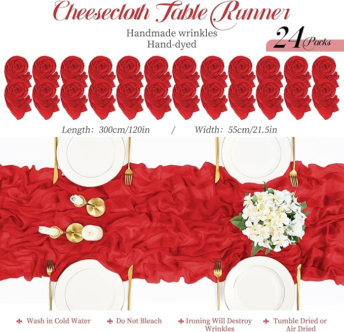 24 Packs Red Cheesecloth Table Runner,10ft Rustic Gauze Boho Wedding Table Runner Decoration, Wedding Table Decor Sheer Table Runner for Wedding Party Bridal Shower Table