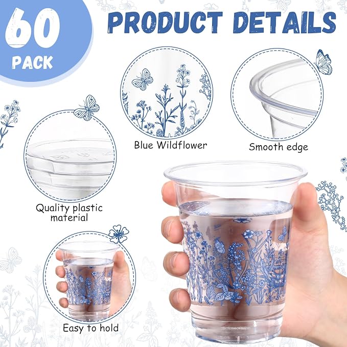 Funnymoom 60 Pack Blue Floral Plastic Cups 12 oz Blue White Flower Wildflowers Disposable Clear Plastic Drinking Cups for Summer Spring Wedding Bridal Baby Shower Birthday Party Decoration Supplies