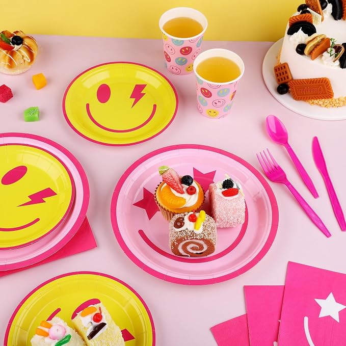 Kochorie 400 Pieces Preppy Smiley Face Party Tableware Set Paper Smile Face Plates Napkins Paper Cups Cutlery for Preppy Birthday Party Decorations Baby Shower Decor, Serve 50 Guest