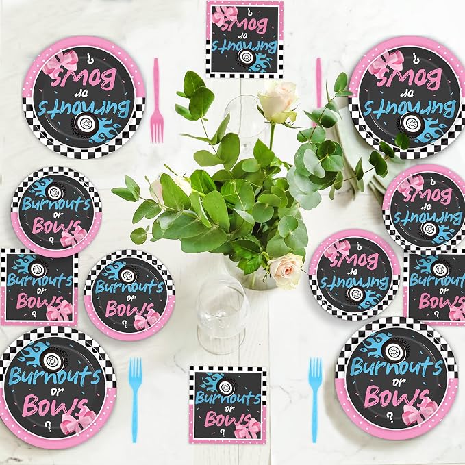 chiazllta 96 Pcs Gender Reveal Burnouts or Bows Party Plate and Napkins Supplies Disposable Tableware Decor Party Paper Plates Napkins for Party Favors 24 Guests