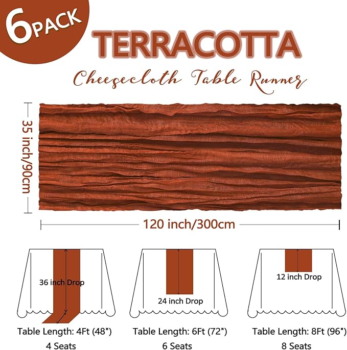 6 Pack Terracotta Cheesecloth Table Runner 10Ft Gauze Burnt Orange Cheese Cloth Table Runner 35x120 Inch Boho Rustic for Party Decor Baby Shower Wedding Holiday Decorations