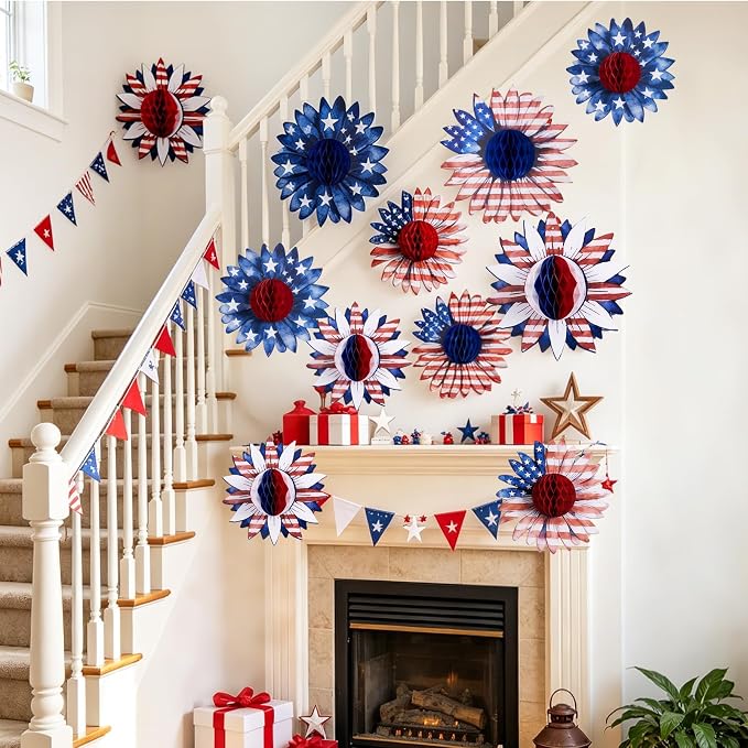 SUNBEAUTY 4th of July Patriotic Decorations Red White Blue Hanging Honeycomb Balls Independence Day Paper Honeycomb Flower for Memorial Day USA Flag Veterans 250th Anniversary Party Supplies