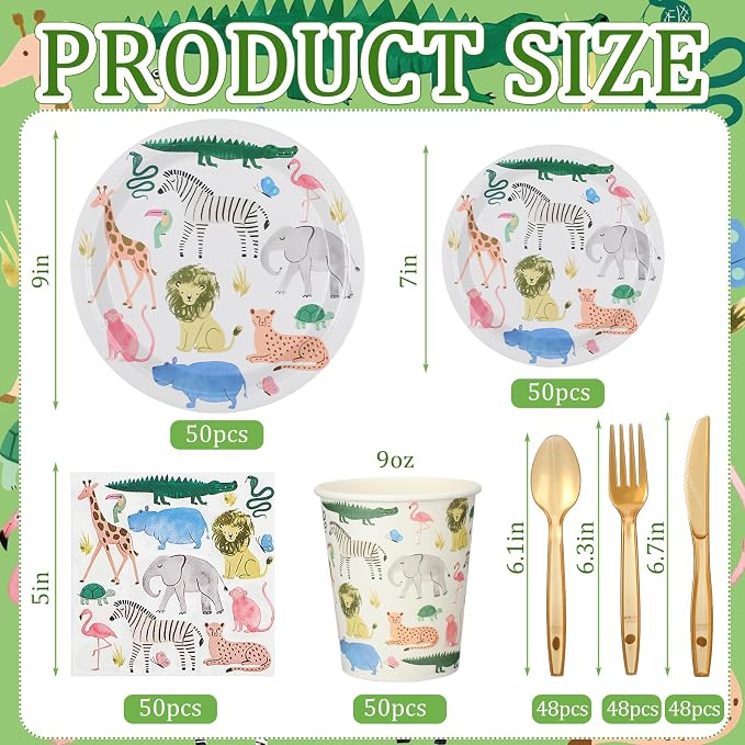 Newtay 350 Pcs/ 50 Sets Safari Animals Supplies Include Paper Plates, Napkins, Cups and Knife, Spoon, Fork Disposable Tableware Set for Safari Jungle Theme Birthday Decorations
