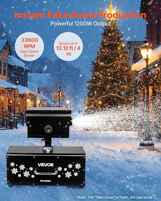VEVOR Snow Machine, 1200W Powerful Fake Snow Maker with 90° Shaking Head, Wireless Remote Control, High Output Snowmaking Machine Coverage up to 12 ㎡ for Parade Christmas Wedding Party Stage Effect