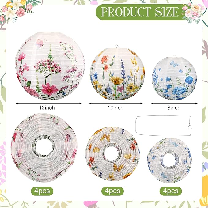 Baquler 12 Pcs Spring Wildflower Paper Lanterns Party Decorations Watercolor Floral Hanging Lantern 3 Styles for Baby in Bloom Baby Shower Wedding Garden Tea Summer Home Indoor Outdoor Party Decor