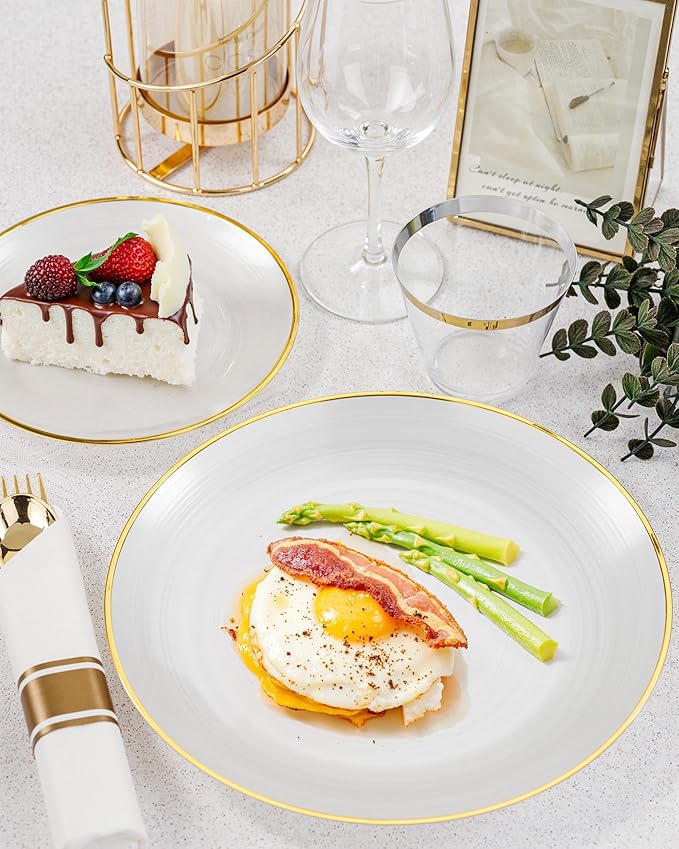 Morejoy 350PCS Pearl White and Gold Plastic Plates - Disposable Gold Party Plates & Pre Rolled Napkins with Cutlery for 50 Guests, 100Plates, 150Silverware, 50Cups, 50Napkin for Party & Mother's Day