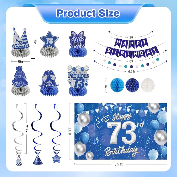 Happy Birthday Party Decoration Set: Including Birthday Banner Backdrop, Party Table Centerpieces and Hanging Swirl Party Streamers, Birthday Decor Suppliers for Men and Women (Blue, 73rd Birthday)