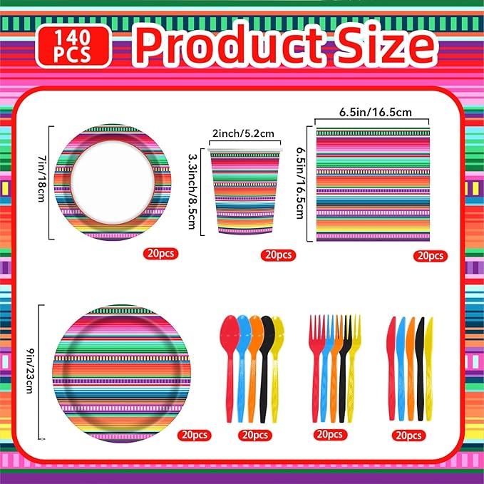 140PCS Mexican Serape Fiesta Plates and Napkins Set, Fit Mexican Themed Paper Dessert Plates, Taco Colorful Stripes Pinata Ponchos Platters Dance Party, Serves 20 Guests