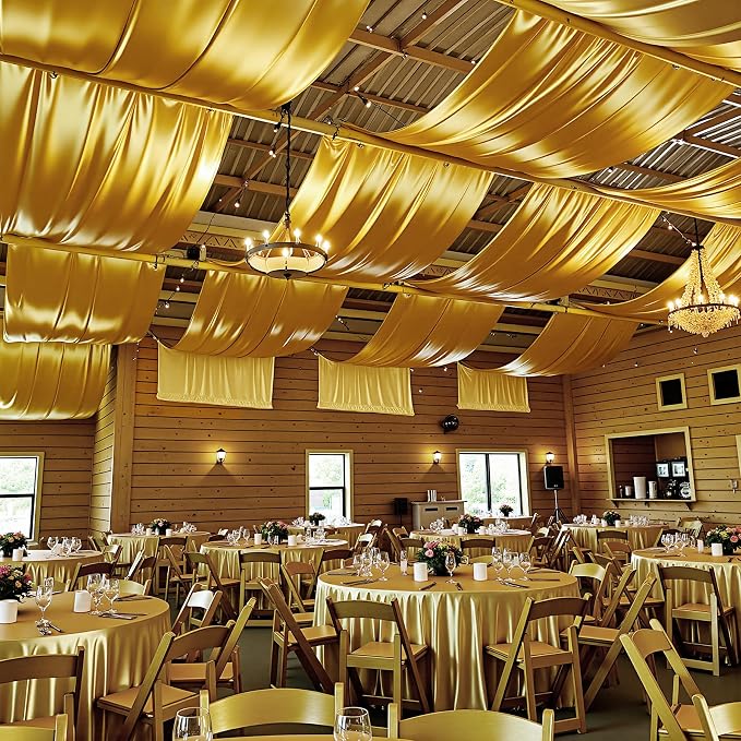 gogoparti 10x20FT Gold Shimmer Backdrop Curtains for Weddings Parties - 2 Panels of Extra Long 5x20FT Drapes, Includes Dual Pole Pockets, Wrinkle-Free Fabric for Party, Photo Booth & Tent Decoration
