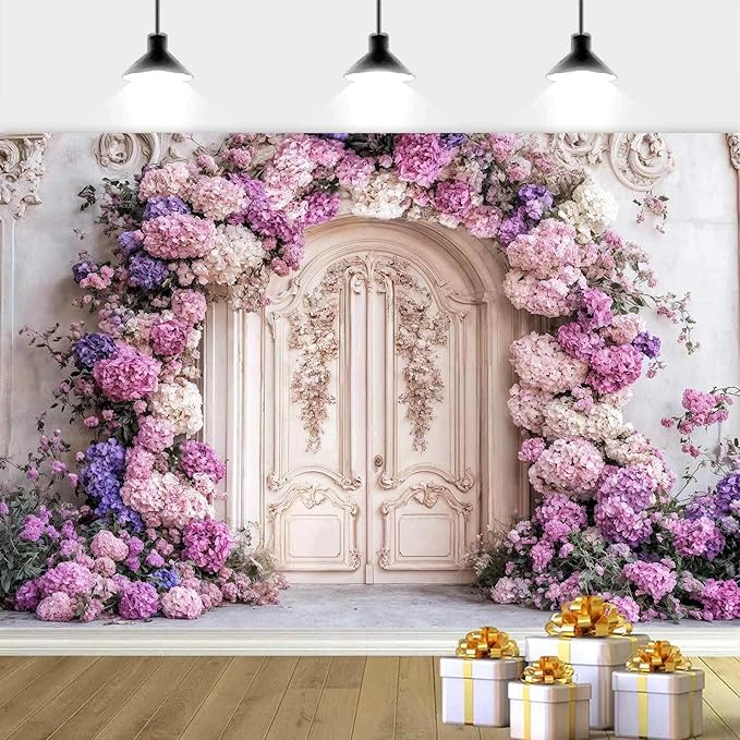 7X5ft Flower Backdrop Purple Floral Arch Retro Door Photography Backdrops Modern Interior European Style Wall Decoration Wedding Portrait Background Studio Photo Booth Props