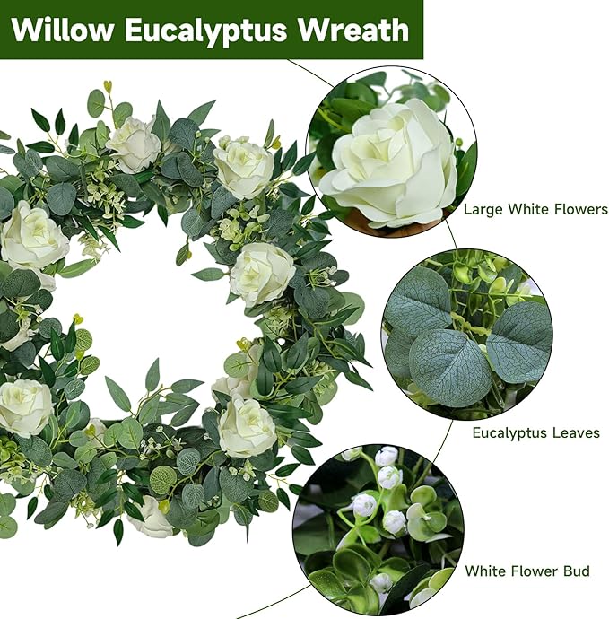4 Packs 5.9 Ft Artificial Eucalyptus Willow Leaves Garland with Flowers Artificial Greenery White-Flowered Vines Fake Eucalyptus Flower Garland for Wedding Decoration Table Home Stairs Decor