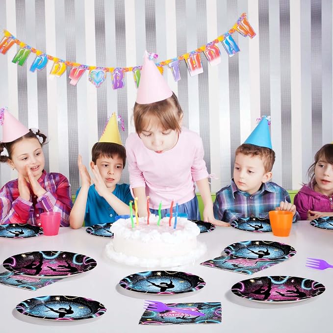 Grencian 96Pcs Gymnastics Birthday Party Supplies Gymnastics Party Plates Disposable Paper Gymnastic Tableware Set for Girls Birthday Baby Shower Decorations, Serves 24