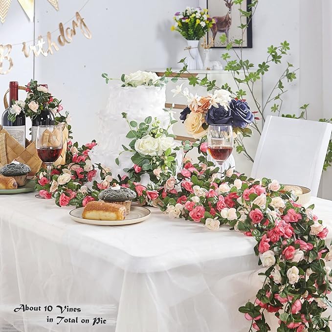 8pcs x 8.2ft Artificial Flower Garland Floral Rose Vine Decor, Pink Flowers | PONKING Fake Rose Vine Flowers Hanging Faux Roses String for Room Party Home Wedding Birthday Wall Arch Decoration