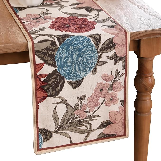 bilin gaier Linen Floral Table Runner 87 Inches Long,Vintage Rustic Farmhouse Blue and Red Flower Table Runners,Table Decoration for Coffee & Dining Table Home Party Kitchen.12 x87-Burgundyred