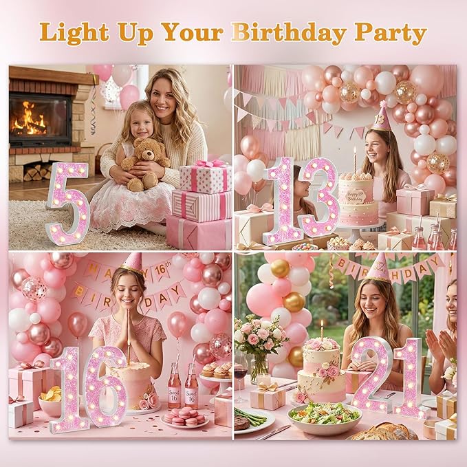 12.6 Inch LED Pink Marquee Light Up Numbers, Sweet 50th Birthday Decorations Number Lights as Gifts for Women, Glitter Lighted Marquee Numbers for Pink Anniversary Party Table Decor, 50