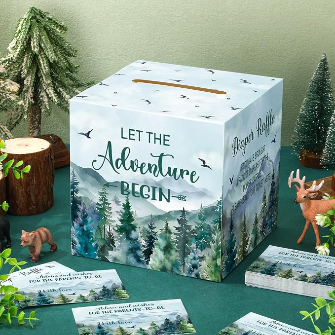 Teling 51 Pieces Diaper Raffle Tickets with Card Box Baby Shower Decorations Baby Shower Holder Box for Girl Boy Diaper Raffle Party(Let the Adventure Begin)