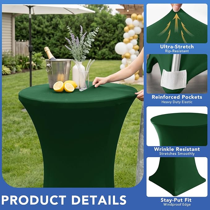 Cocktail Table Covers-Spandex Round High Top Table Cloths 6 Pack 32x43 Inch-Hunter Green Stretch Fitted Christmas Tablecloth for Pub Bistro Highboy Party Event Banquet Height Satnding Tables