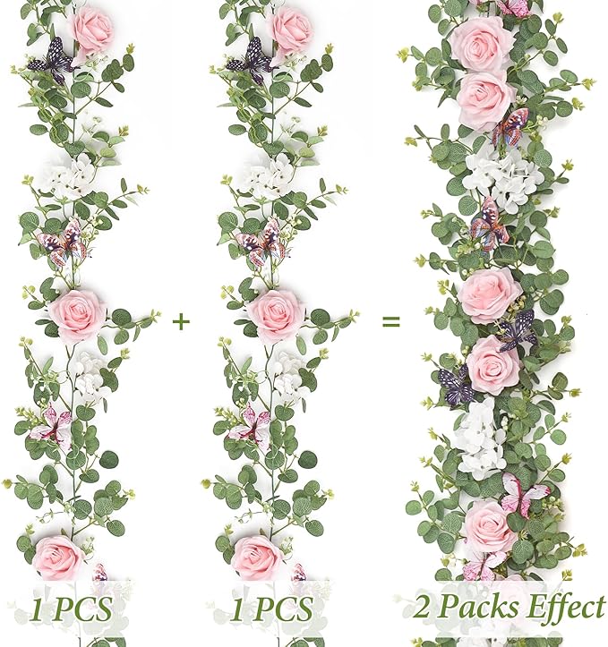 2Pcs 5.9 Ft Artificial Rose Vine Fake Flower Garland Pink Rose Hydrangea Vines with 3D Butterflies Hanging Floral Eucalyptus Garland for Wedding Party Background Arch Table Wall Home Decor