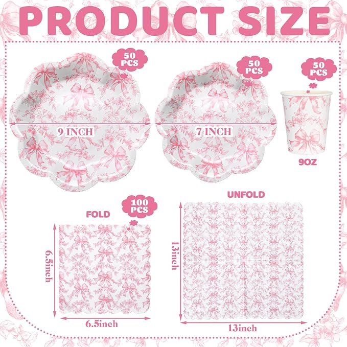 Newtay 250 Pcs Pink Bow Paper Plates and Napkins Coquette Valentine's Day Party Supplies Disposable Tableware Set for 50 Guests Pink Bow Paper Plates Napkins Cups for Baby Shower Birthday Decoration