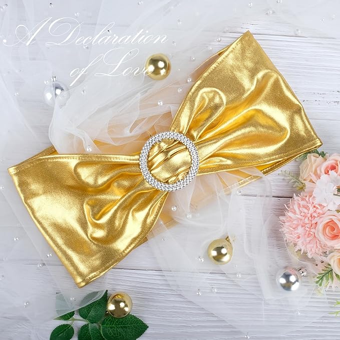 Spandex Chair Sashes Bows - Babenest 30PCS Premium Stretch Chair Cover Band with Buckle Slider Universal Elastic Chair Ties for Wedding Party Ceremony Reception Banquet Decoration (Metallic Gold)