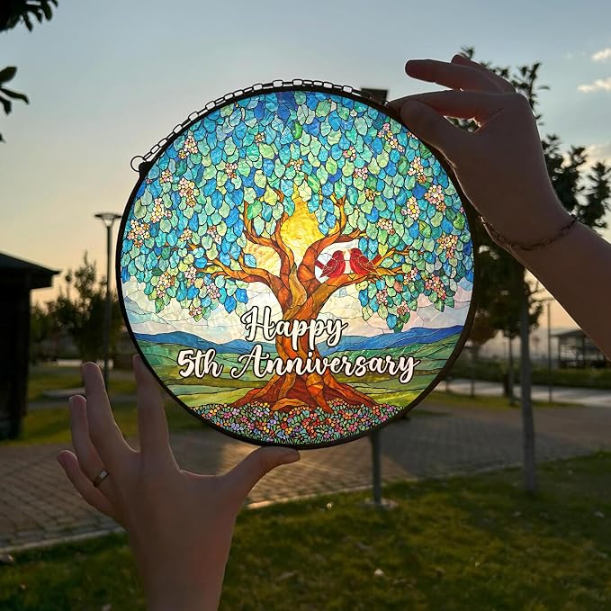5th Wedding Anniversary Stained Glass Suncatcher, 6x6' Anniversary Decorations, 5th Celebration Marriage Gifts for Parents, Couple, Wife & Husband, 5 Wedding Milestone Keepsake