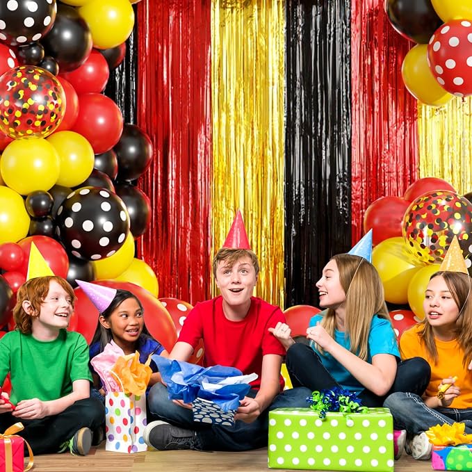 Red Yellow Black Balloon Garland Arch Kit Birthday Party Decorations, Cartoon Themed Foil Fringe Curtains Backdrop Tinsel Streamer Photo Booth Props for Christmas New Years Party Decor Supplies