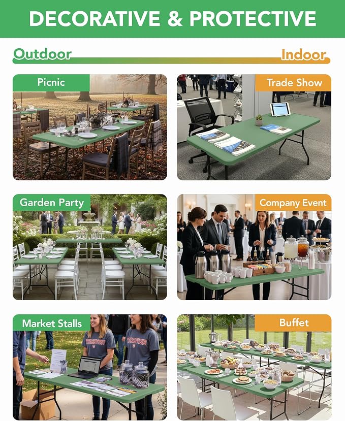 KeyWave Fitted Tablecloth Rectangle Table Cloths - 6 Pack 6 Foot Elastic Stretch Folding Table Top Cover Water-Resistant Reusable for Outdoor Picnic Camping Party Event, Sage Green, 72" L x 30" W
