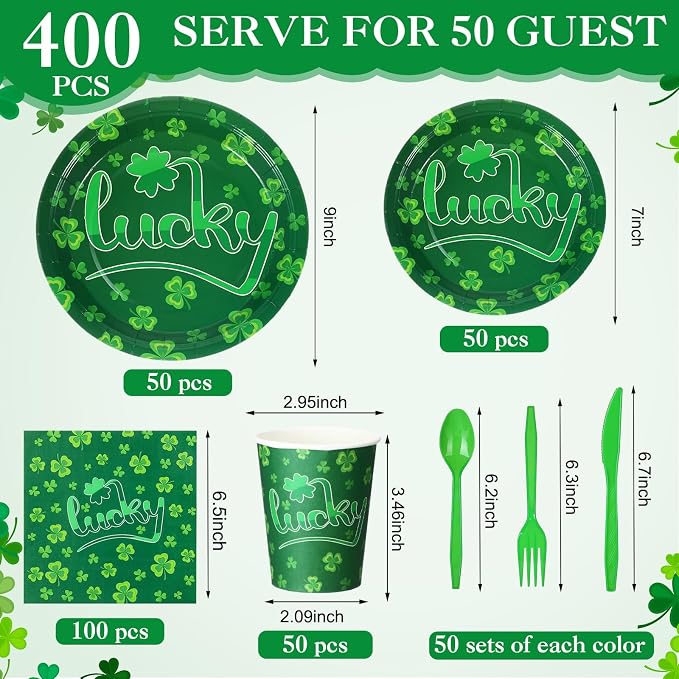 Pickmesh 400 Pcs St Patrick's Day Party Decorations, Shamrock Paper Plates Napkins Cups and Plastic Cutlery Set, Lucky Clover Green Disposable Tableware for Irish Party Supplies, Serve 50 Guests