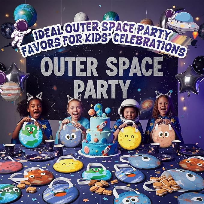 Locmeo 24 Pcs Outer Space Party Favor Bags 11 Inch Space Birthday Gift Bag Nonwoven Reusable Tote Bags with Handle for Goodie Snack Treat Outer Spaces Planet Party Supplies Birthday Gift Decoration