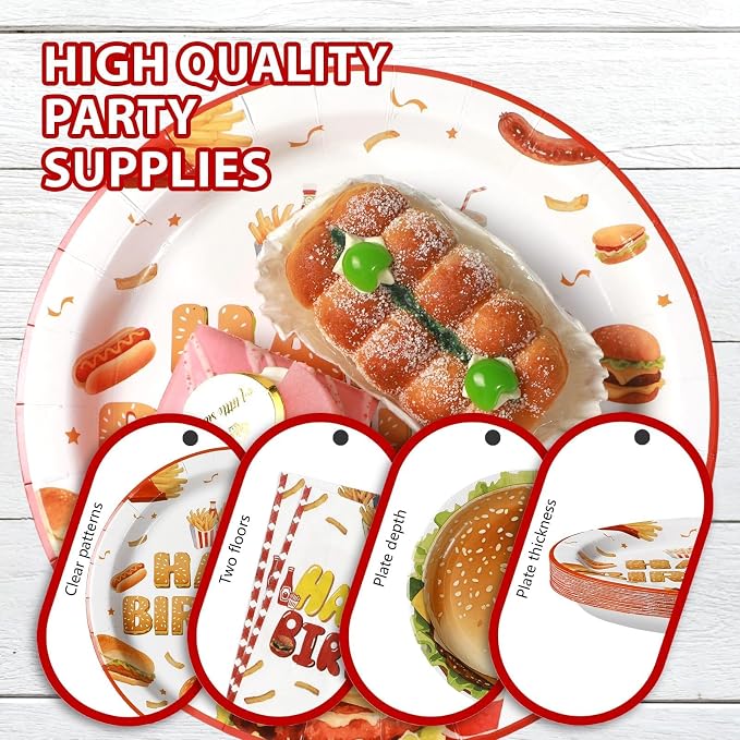 Grencian 96Pcs BBQ Birthday Party Decoration Fast Food Hamburger Plates and Napkins Disposable Barbecue Supplies Picnic Tableware for Food Themed Birthday Party Decorations Serves 24