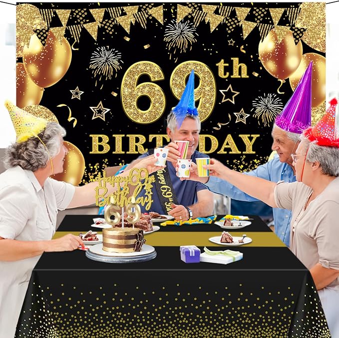 69th Birthday Decorations Men Women with 69th Birthday Banner, Black and Gold Table Cloth, Number Balloons, Large Sash, Cake Topper and Candles