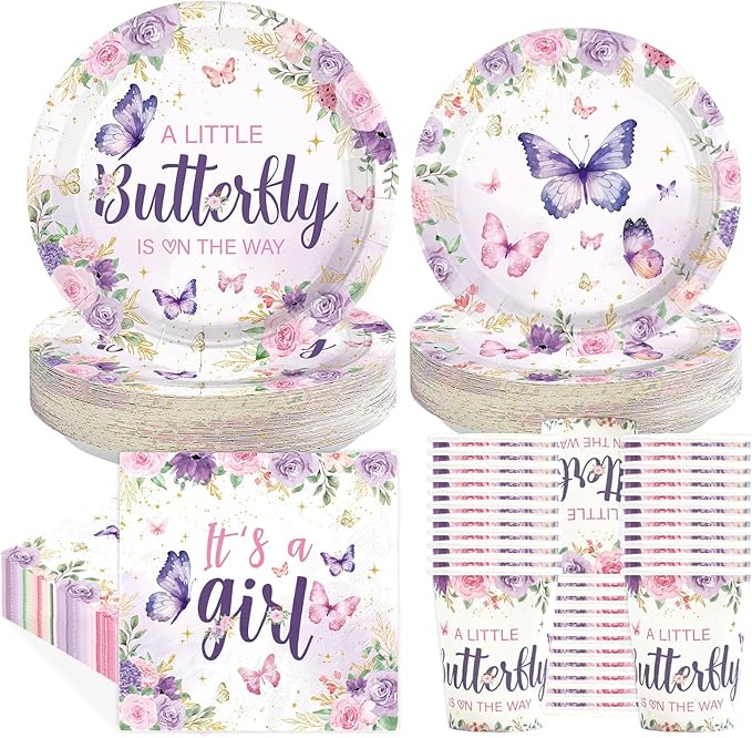 250 Pcs Butterfly Baby Shower Decorations A Little Butterfly is on The Way Tableware Set Include Purple Floral Plates Napkins Cups for Kids Girls Baby Shower Birthday Supplies Serves 50
