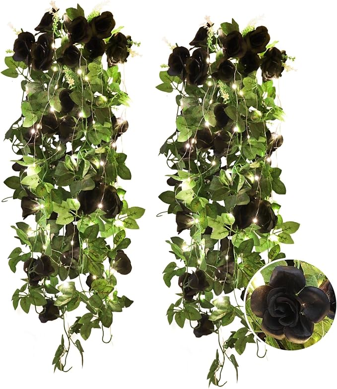RECUTMS Artificial Black Rose Hanging Flower Plants Decorations, 2 PCS 3.3Ft Fake Floral lvy Garland with 30 LED Fairy String Lights for Indoor Wall Wedding Outdoor Home Garden Gothic Halloween Decor