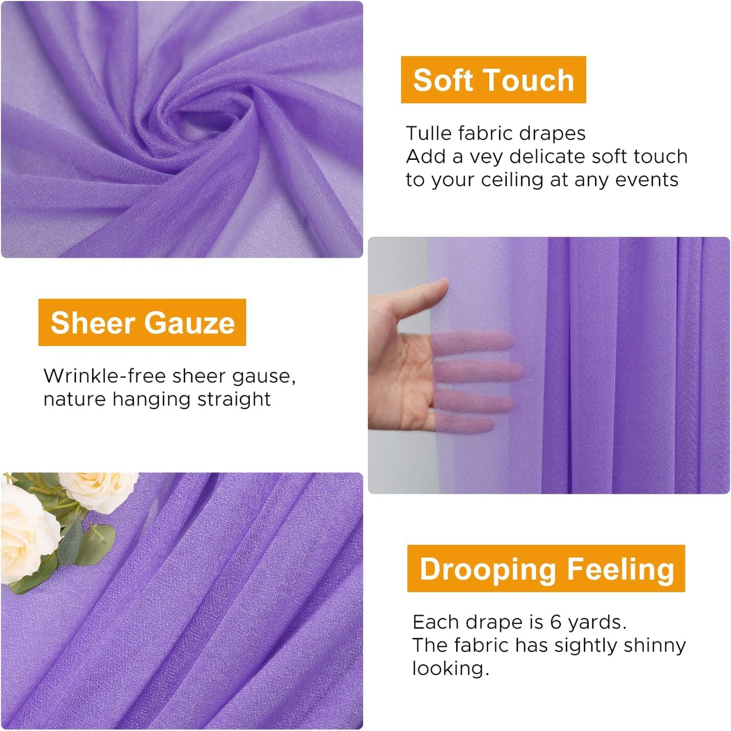 Wedding Arch Draping Fabric 3 Panels 28.7" x 20FT Lavender Purple Sheer Chiffon Backdrop Drapes for Wedding Ceremony Birthday Party Bridal Shower Outdoor Decoration