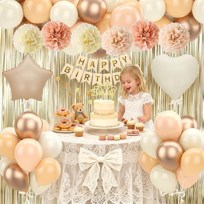Blush Beige Birthday Decorations Nude Gold Balloons Happy Birthday Banner Cake Topper Fringe Curtain Paper Pom Poms Blush White Sand Champagne Heart Star Balloon Neutral Boho Party Decor Girls Women