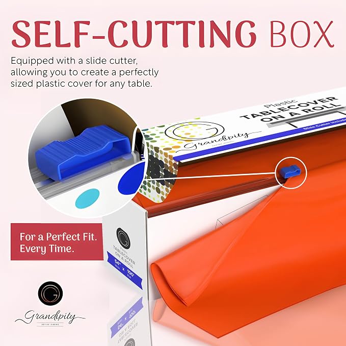 Grandipity Plastic Tablecloth Roll - 54in x 100 Ft. Orange Plastic Table Cloths for Parties Disposable with Cutter Box - Cut to Size Disposable Tablecloth Table Cover for Rectangle & Round