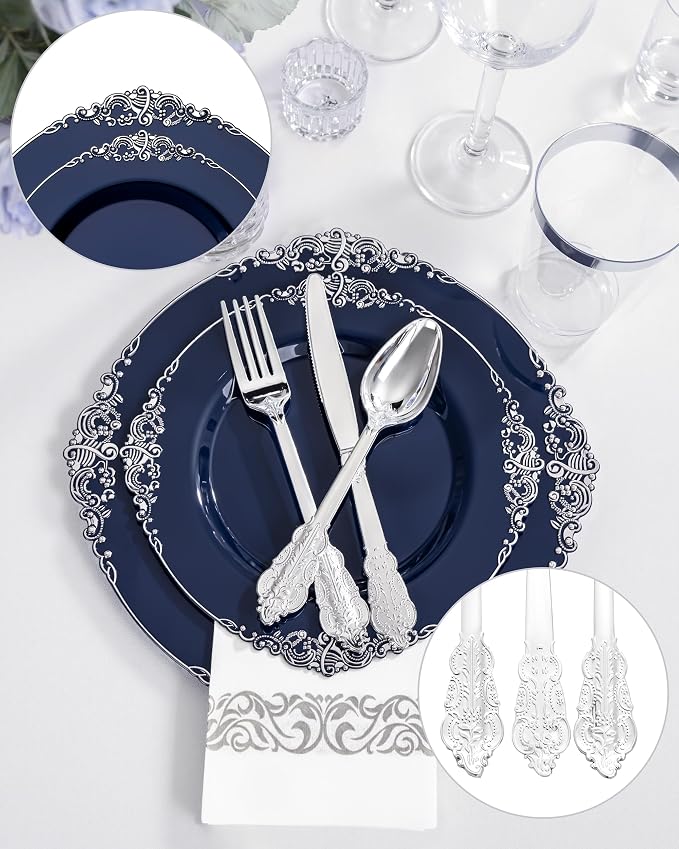 Hioasis 350pcs Blue and Silver Plates - Blue Party Plates for 50 Guest, Include 100 Heavy-duty Plates(20% Thicker Than Standard), 150 Cutlery Set, 50 Napkin, 50 Cups for 4th ofJuly