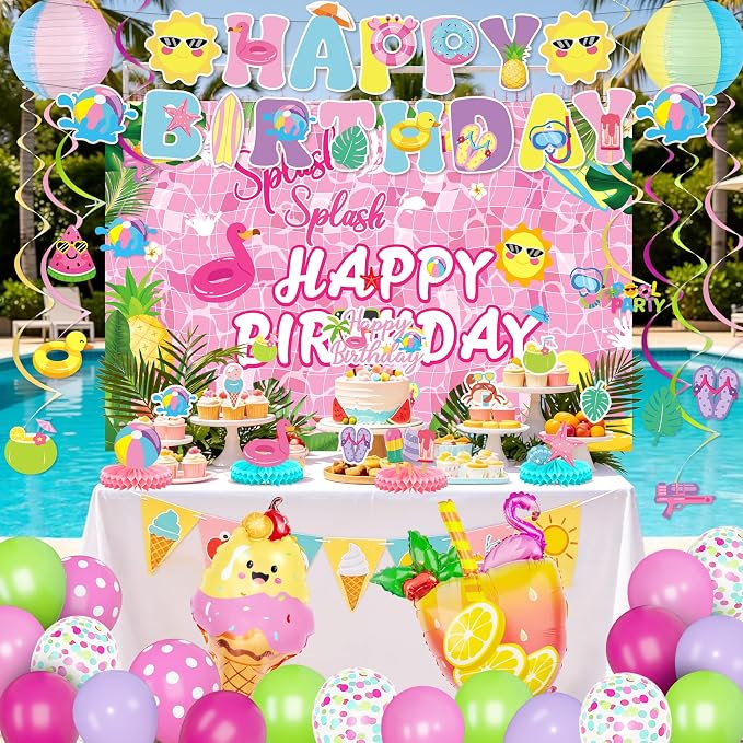 Summer Pool Beach Birthday Party Decorations, Splash Summer Backdrop Banner Hanging Swirls Honeycomb Centerpieces Cake Toppers Foil Balloons for Girls Tropical Swimming Luau Hawaiian Party Decor(Pink)