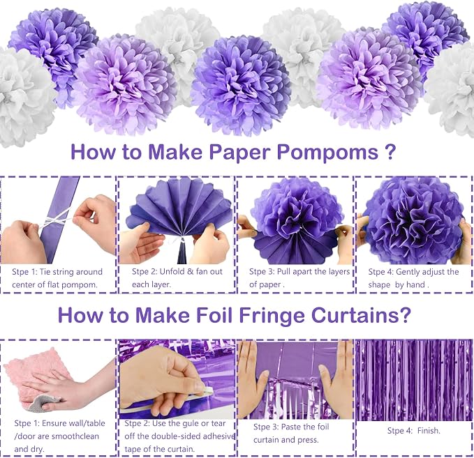 Purple Birthday Decorations, Happy Birthday Party Decorations with Happy Birthday Banner Butterfly Purple Balloons Pom Poms Foil Fringe Curtain for Party Birthday Decor