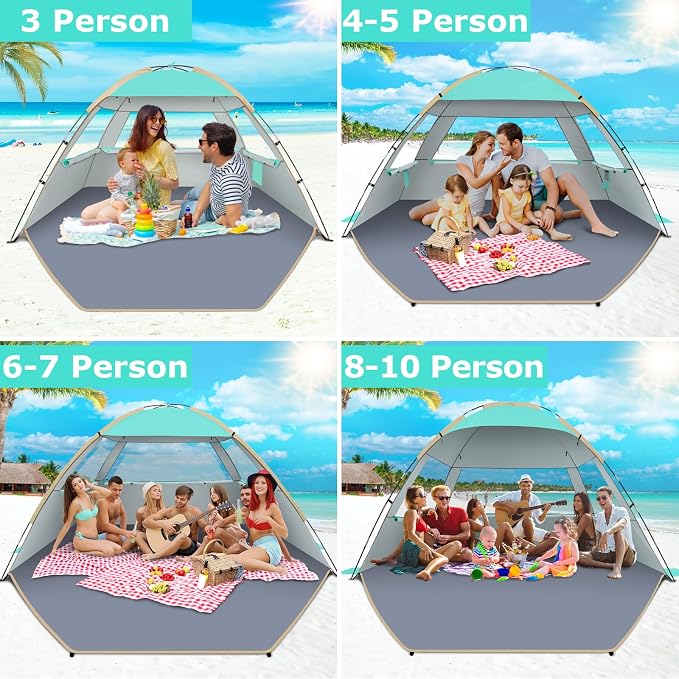 Gorich Beach Tent Sun Shelter for 3/4/6/8/10 Person with UPF 50＋ UV Protection, Lightweight & Easy Setup Beach Shade Canopy, Portable Beach Shade Tent Beach Cabana
