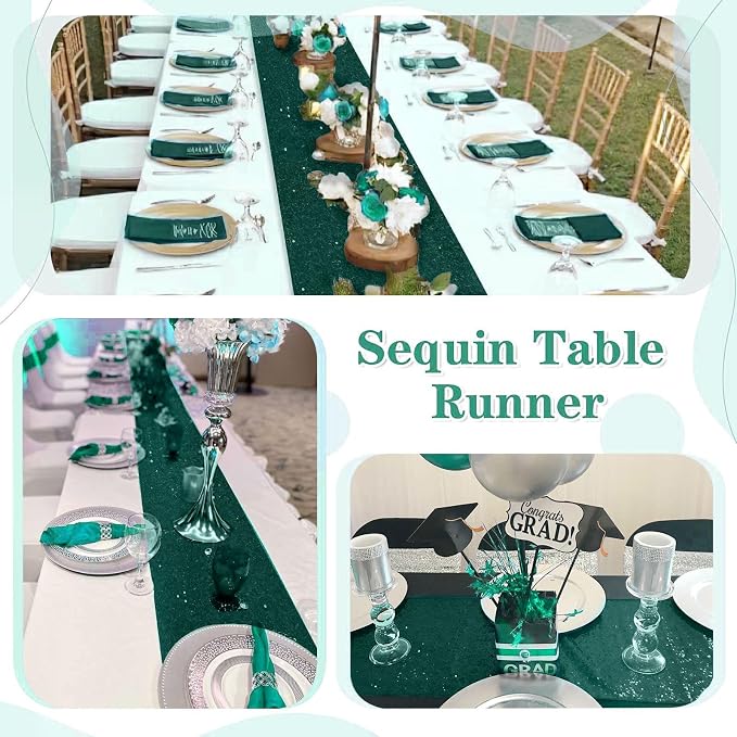 Sequin Table Runners 10 Pieces Emerald Green Table Runners 12x108 Inch Glitter Dining Table Cover for Party Wedding Birthday Reception Banquet Decoration Spring Party Chair Sashes