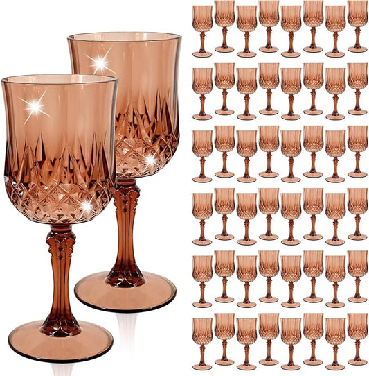 48 Pcs Rose Gold Plastic Wine Glasses, Plastic Goblets for Parties, Vintage Wine Glasses Bulk, Reusable Drinking Glass, Drinkware Cups for Wedding Party Reception Event Supplies