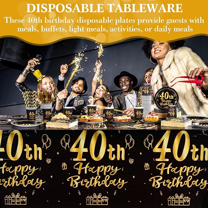 Funnymoom 452 Pcs 40th Birthday Party Decorations Set for Men Women, Black and Gold Happy 40th Birthday Paper Plates Napkins Cups Tablecloth Cutlery Straws for Cheers to 40 Years Anniversary Party